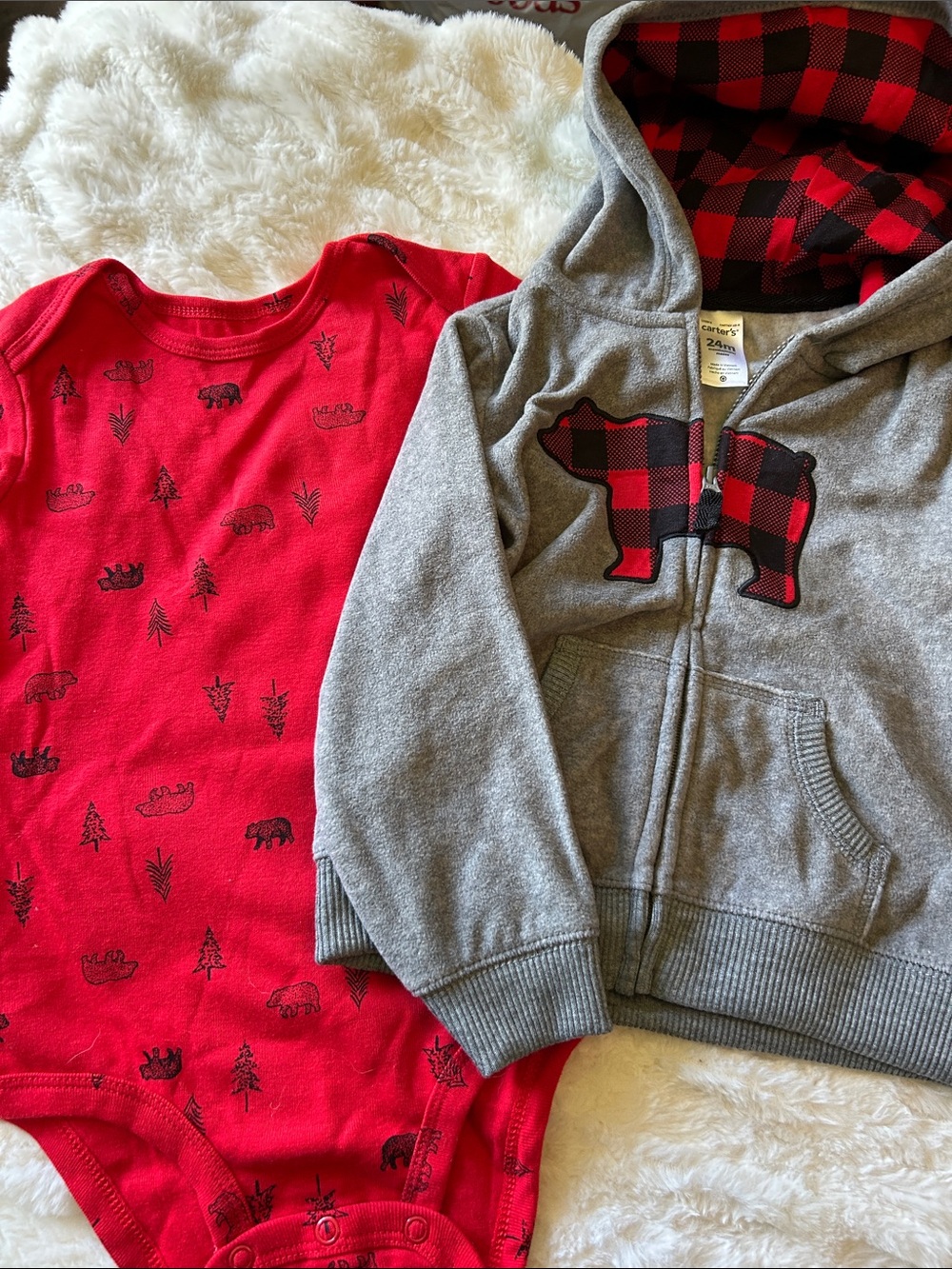 Carter's Red Bodysuit, Gray Hoodie with Bear super soft